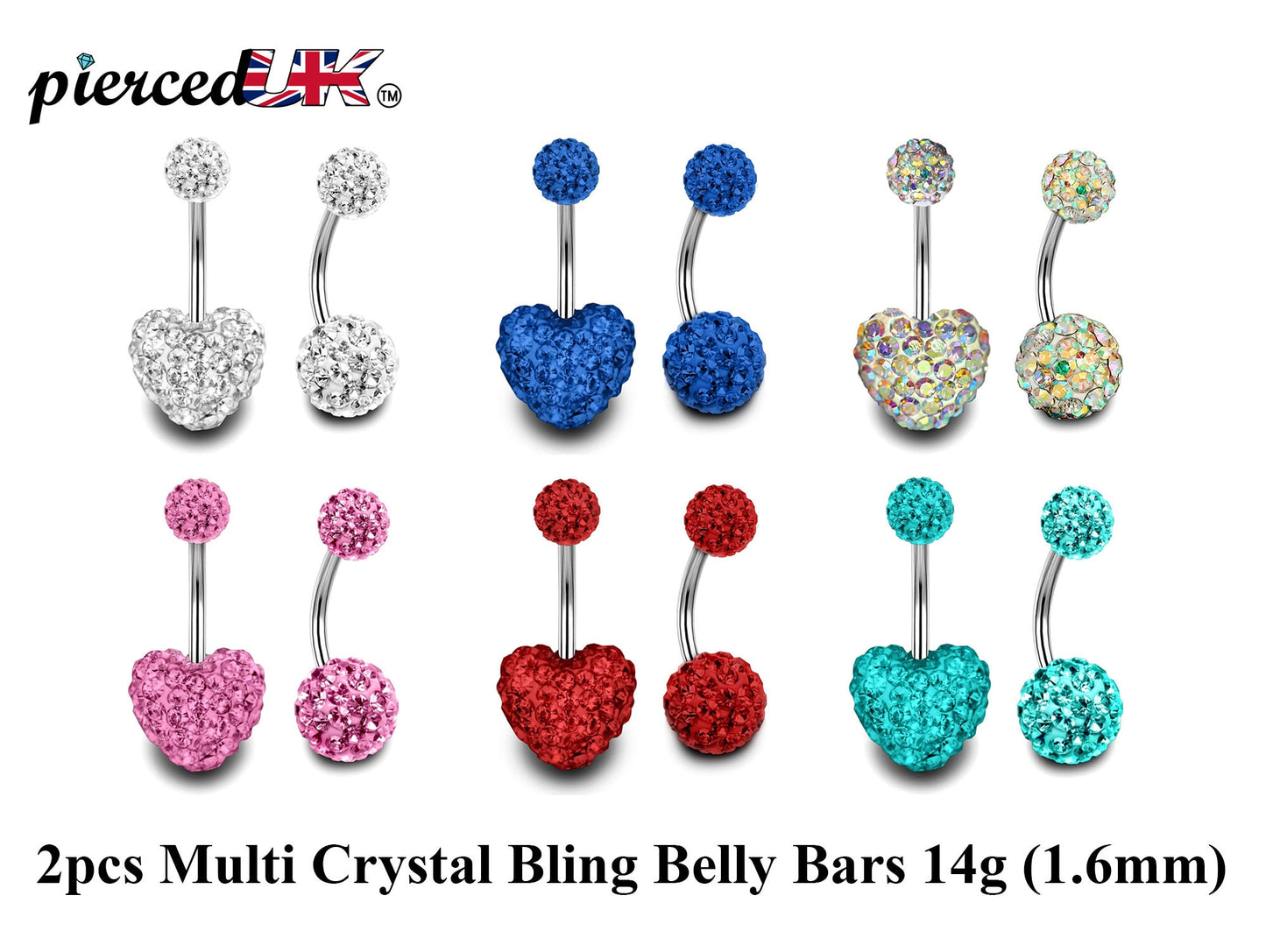 Belly Ring, Belly Button Rings - Glitter Ball and Heart Belly Bar Crystal for Navel Jewelry - 2pcs - 14g (1.6mm) Length is 6mm to 12mm