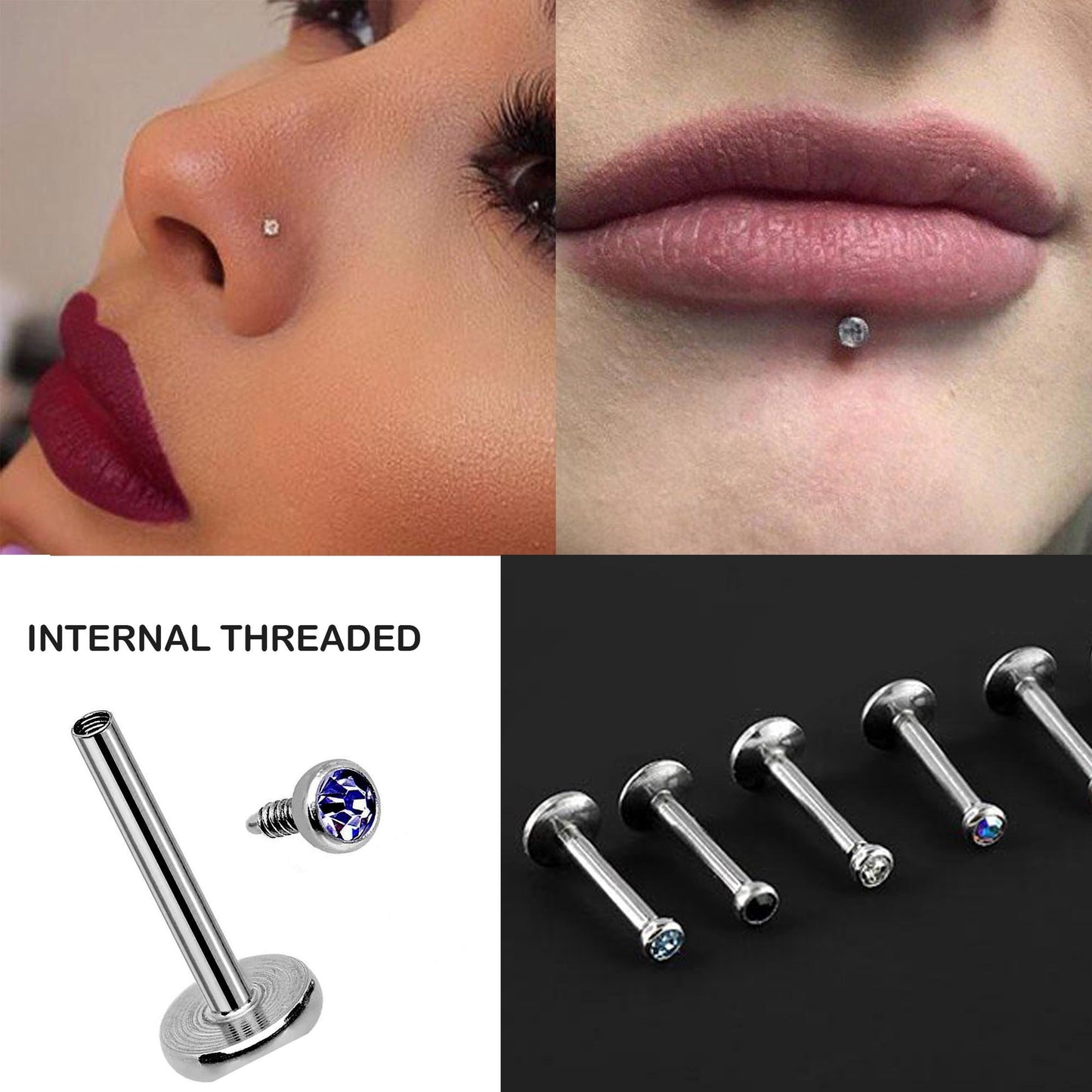 Titanium Lip Jewelry – Internally threaded Round Top Crystals– 16g, 14g  Labret Stud Piercing for Lip, Helix, Tragus, Cartilage