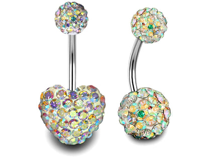 Belly Ring, Belly Button Rings - Glitter Ball and Heart Belly Bar Crystal for Navel Jewelry - 2pcs - 14g (1.6mm) Length is 6mm to 12mm