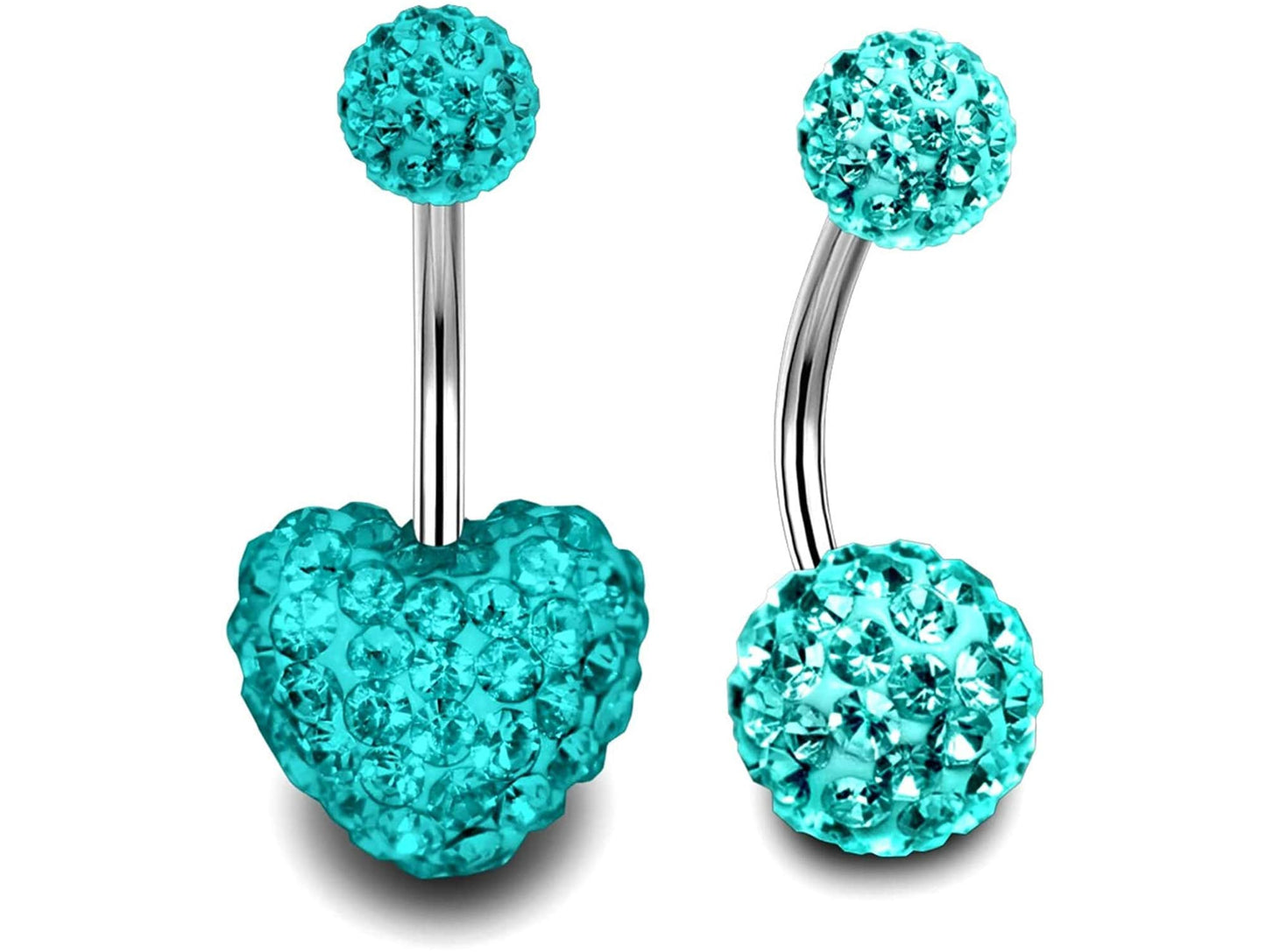 Belly Ring, Belly Button Rings - Glitter Ball and Heart Belly Bar Crystal for Navel Jewelry - 2pcs - 14g (1.6mm) Length is 6mm to 12mm