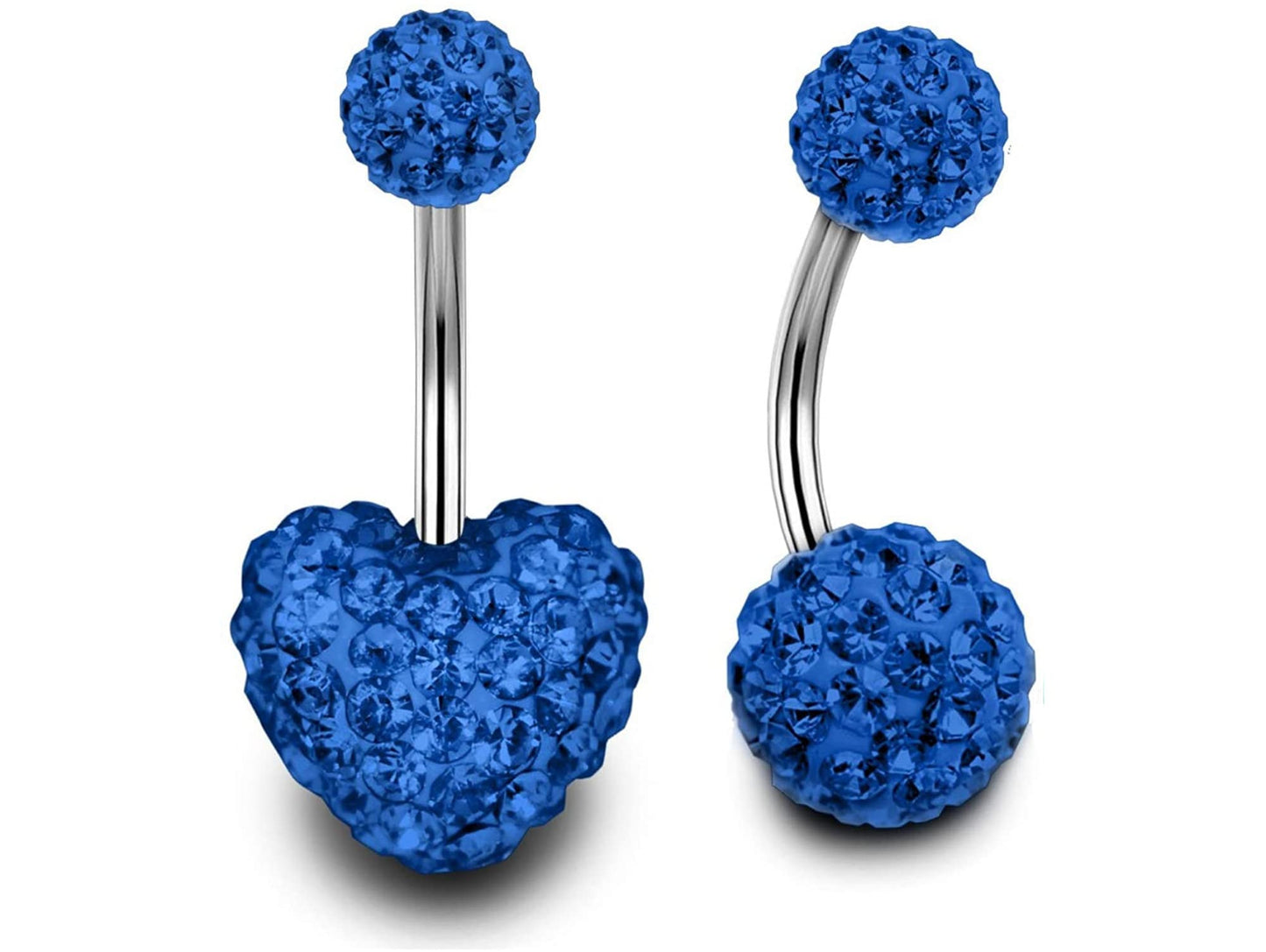 Belly Ring, Belly Button Rings - Glitter Ball and Heart Belly Bar Crystal for Navel Jewelry - 2pcs - 14g (1.6mm) Length is 6mm to 12mm