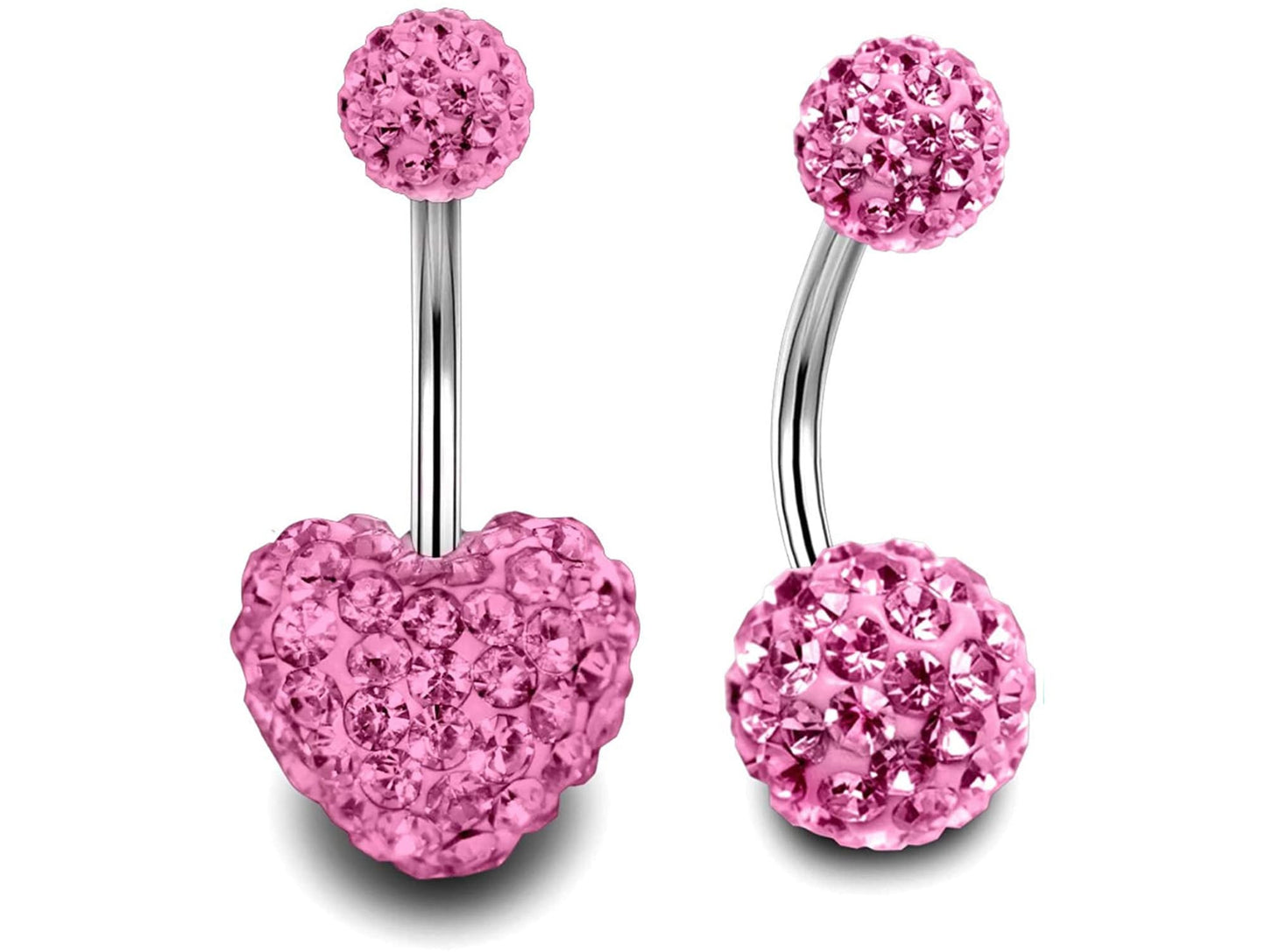 Belly Ring, Belly Button Rings - Glitter Ball and Heart Belly Bar Crystal for Navel Jewelry - 2pcs - 14g (1.6mm) Length is 6mm to 12mm