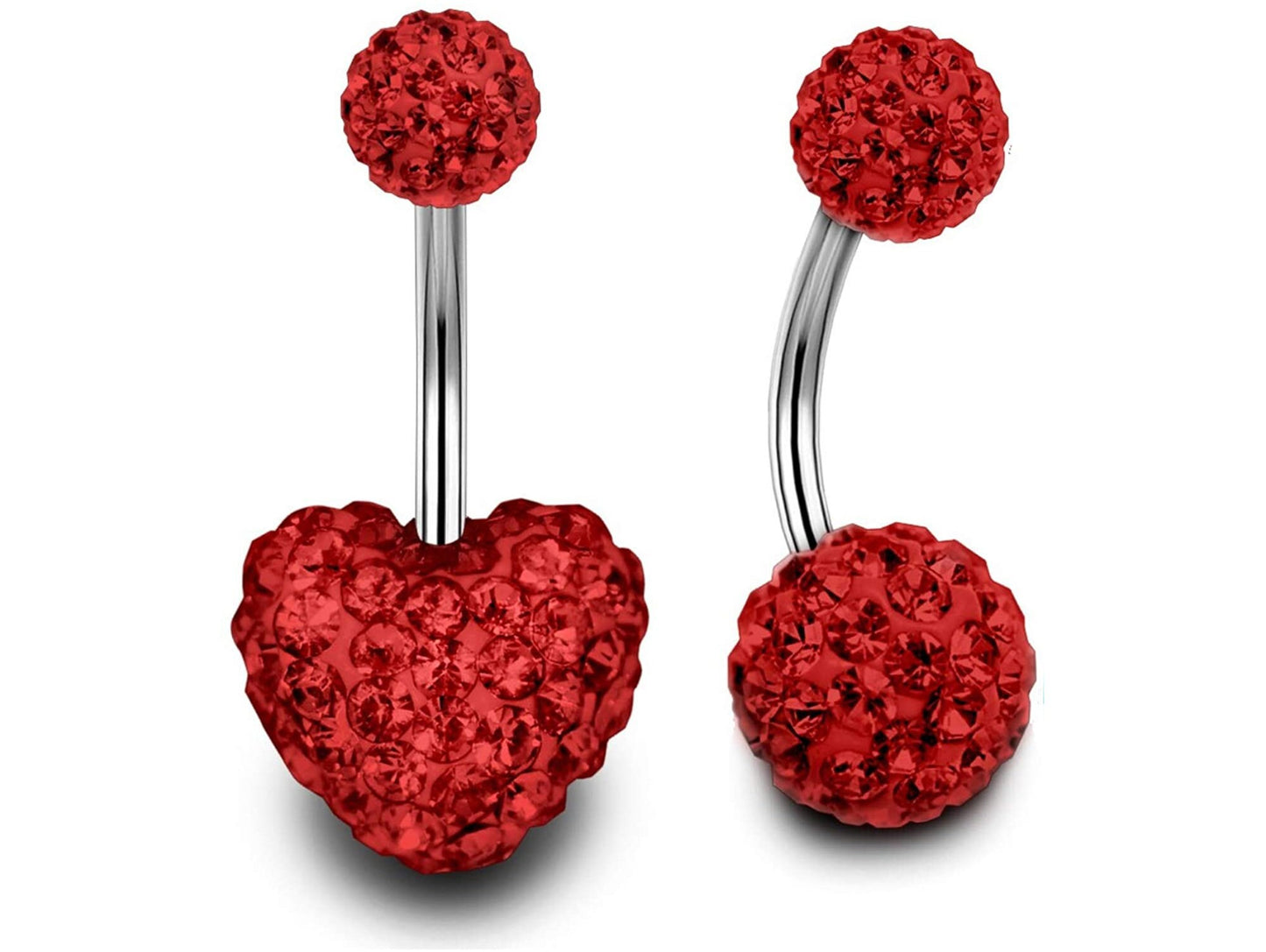 Belly Ring, Belly Button Rings - Glitter Ball and Heart Belly Bar Crystal for Navel Jewelry - 2pcs - 14g (1.6mm) Length is 6mm to 12mm