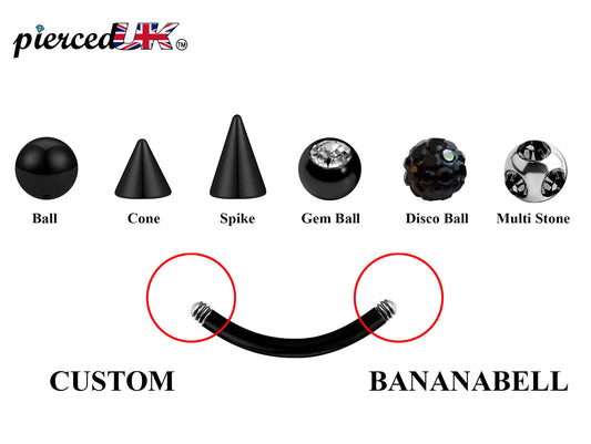 Black Curved Barbell, Eyebrow Bar – Custom Bent Barbell 18g 16g 14g Piercing for Daith, Vertical Labret and More