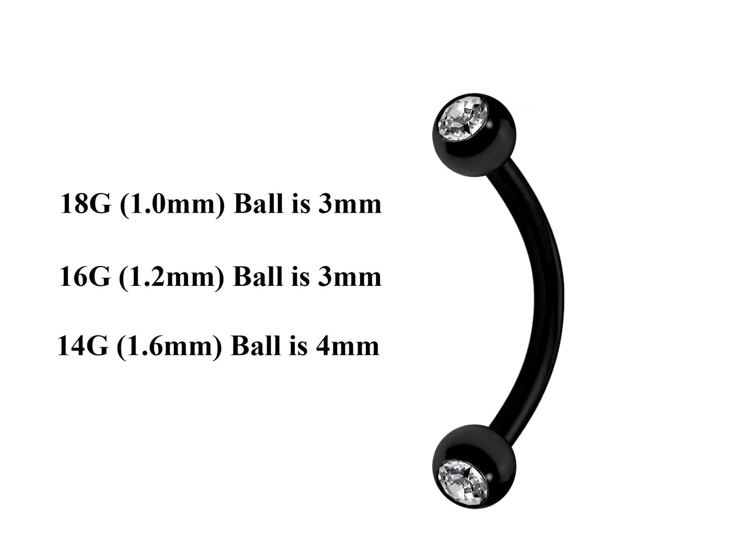 Black Curved Barbell, Eyebrow Bar – Custom Bent Barbell 18g 16g 14g Piercing for Daith, Vertical Labret and More