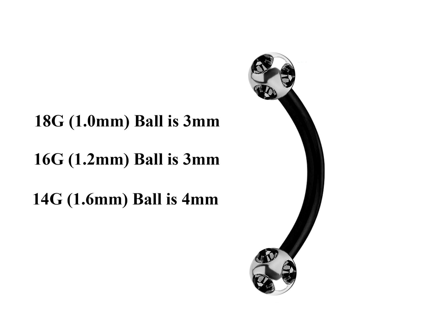 Black Curved Barbell, Eyebrow Bar – Custom Bent Barbell 18g 16g 14g Piercing for Daith, Vertical Labret and More