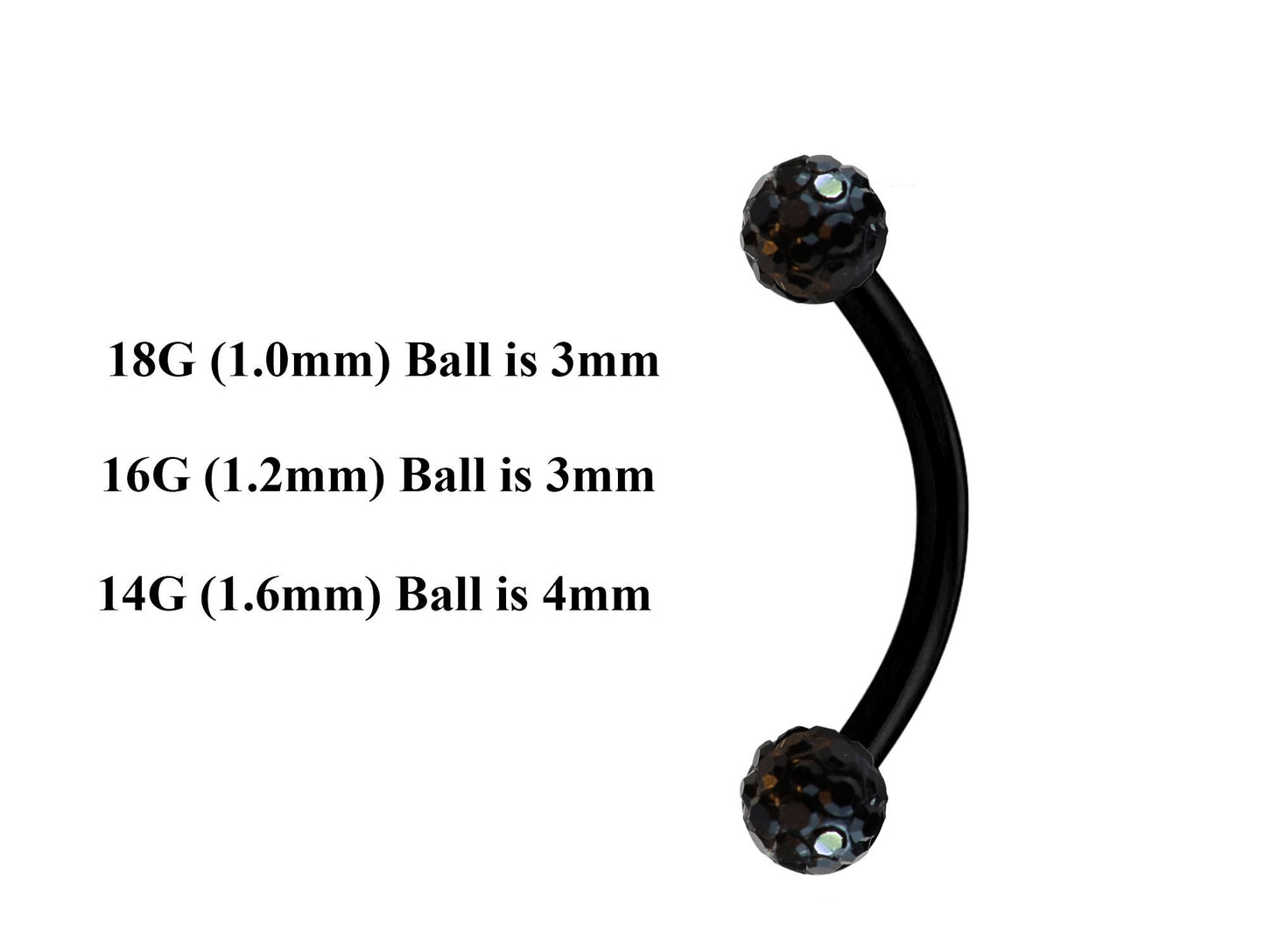 Black Curved Barbell, Eyebrow Bar – Custom Bent Barbell 18g 16g 14g Piercing for Daith, Vertical Labret and More