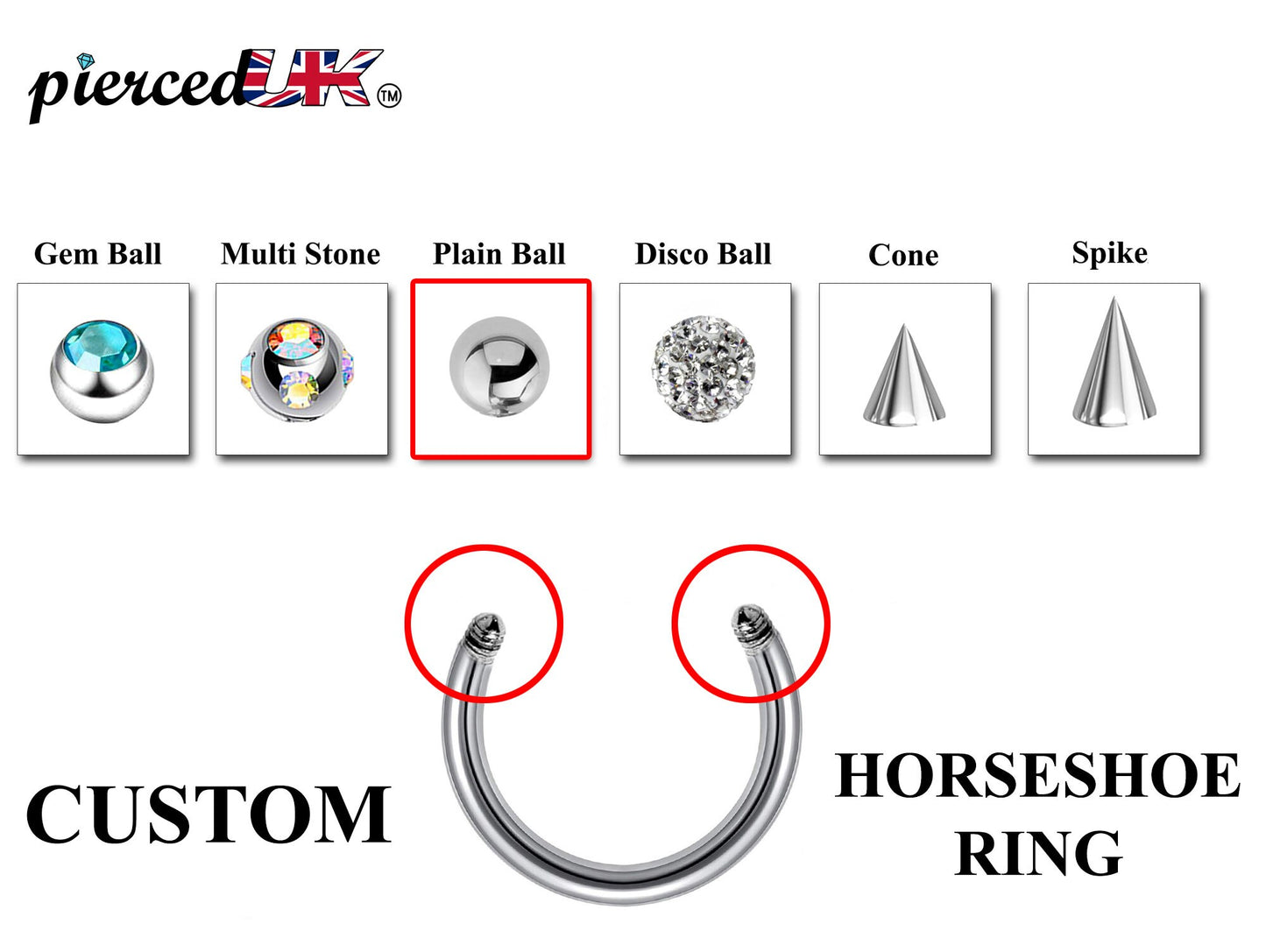 Horseshoe Septum Ring- Customize Horseshoe Barbell Piercing in 16g / 14g - Spike - Gem Ball - Multi Stone - Disco Ball - Plain Ball.