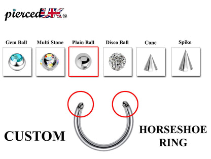 Horseshoe Septum Ring- Customize Horseshoe Barbell Piercing in 16g / 14g - Spike - Gem Ball - Multi Stone - Disco Ball - Plain Ball.