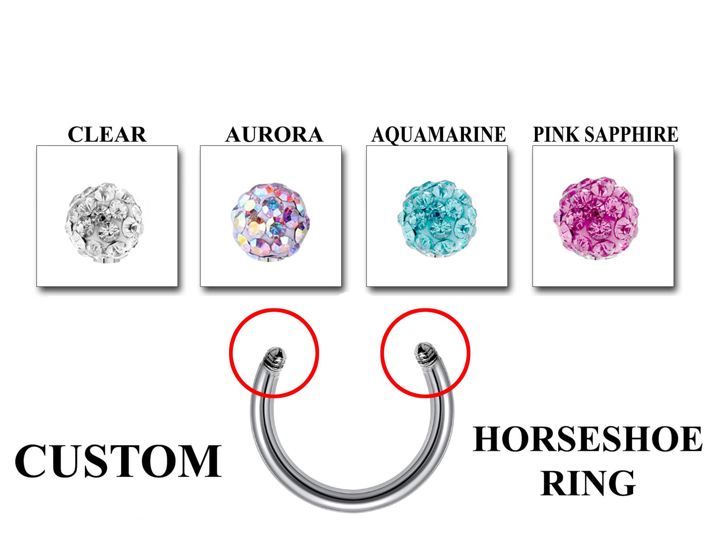 Horseshoe Septum Ring- Customize Horseshoe Barbell Piercing in 16g / 14g - Spike - Gem Ball - Multi Stone - Disco Ball - Plain Ball.