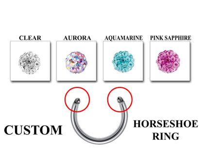 Horseshoe Septum Ring- Customize Horseshoe Barbell Piercing in 16g / 14g - Spike - Gem Ball - Multi Stone - Disco Ball - Plain Ball.