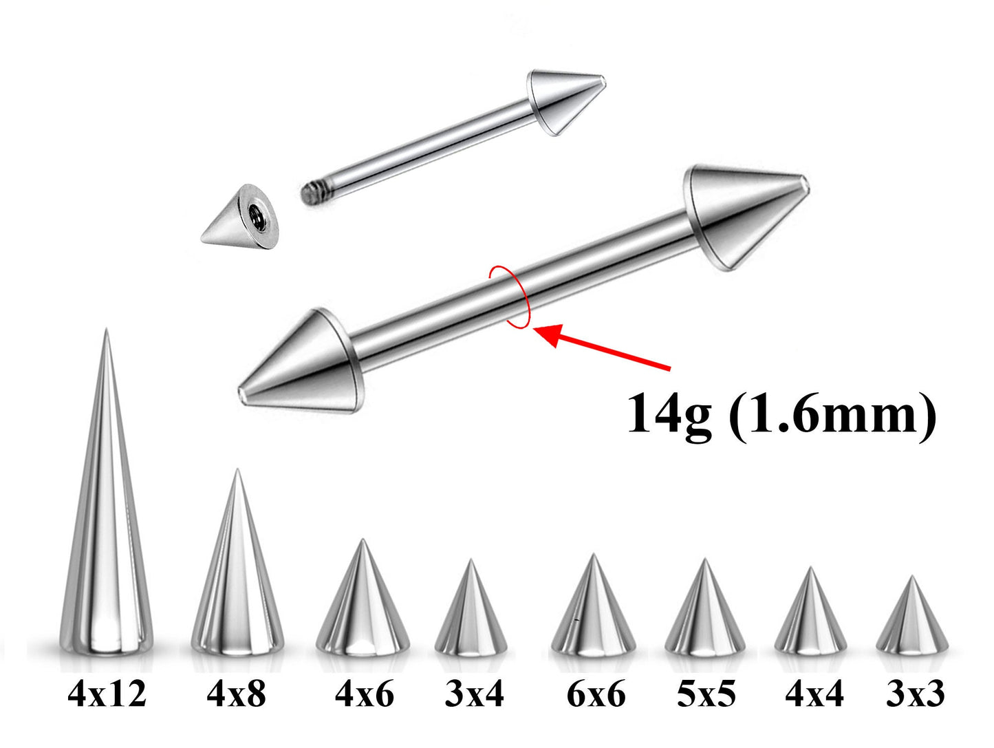 Spike Barbell, Industrial Piercing Spike – Cone Spike Straight Barbell  16g, 14g (1.2 & 1.6mm) – Nipple, Cartilage, Ear Piercing