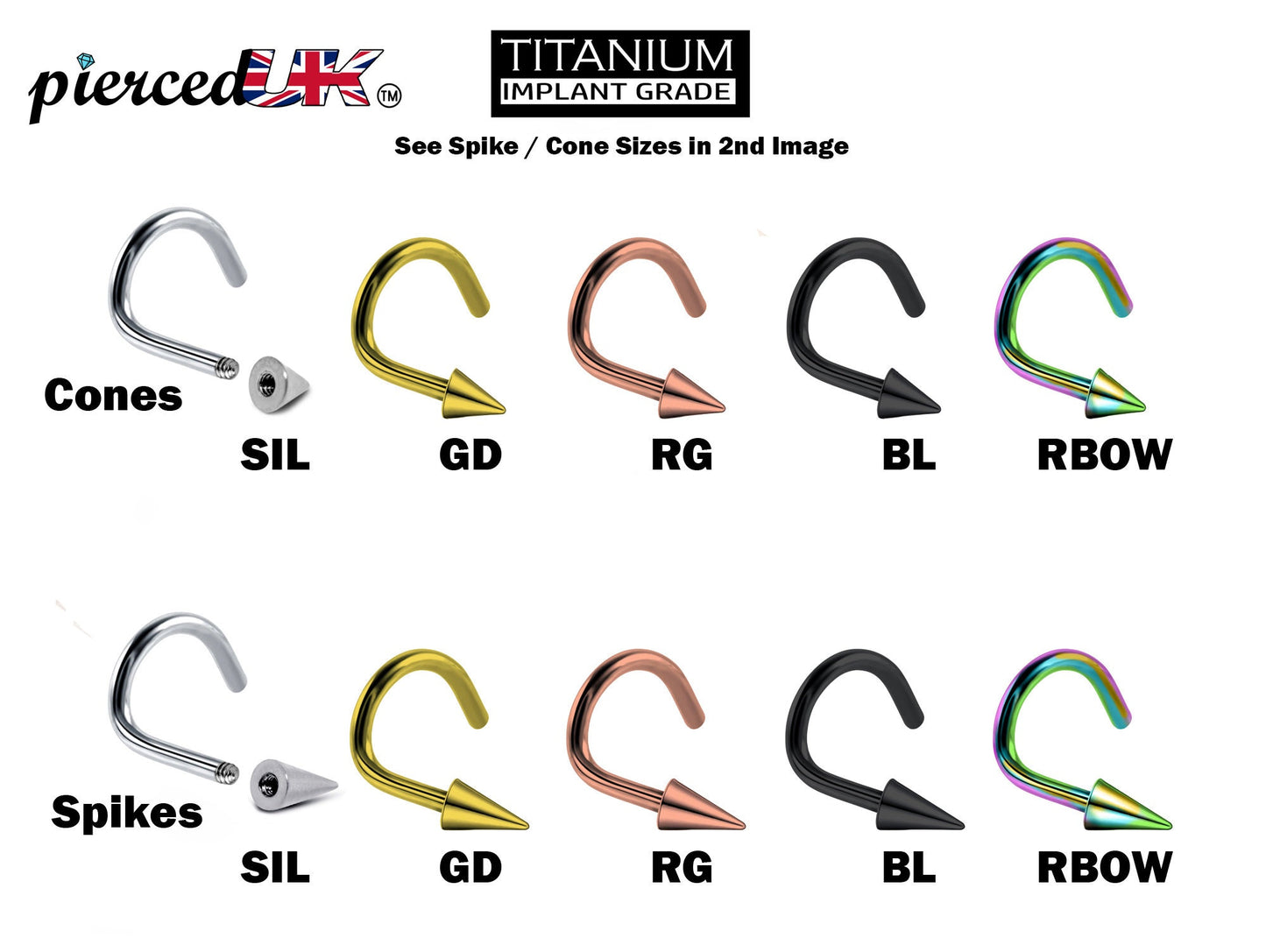 Spike Nostril Screw Ring, Cone Nose Studs Titanium Curved Nose Ring for Nose Piercing - 20g 18g 16g - Externally Threaded Nostril Jewellery