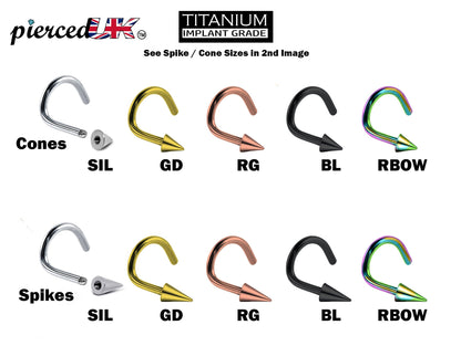 Spike Nostril Screw Ring, Cone Nose Studs Titanium Curved Nose Ring for Nose Piercing - 20g 18g 16g - Externally Threaded Nostril Jewellery