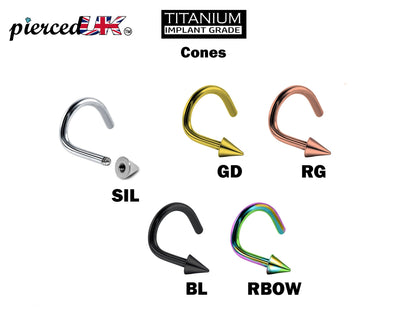 Spike Nostril Screw Ring, Cone Nose Studs Titanium Curved Nose Ring for Nose Piercing - 20g 18g 16g - Externally Threaded Nostril Jewellery
