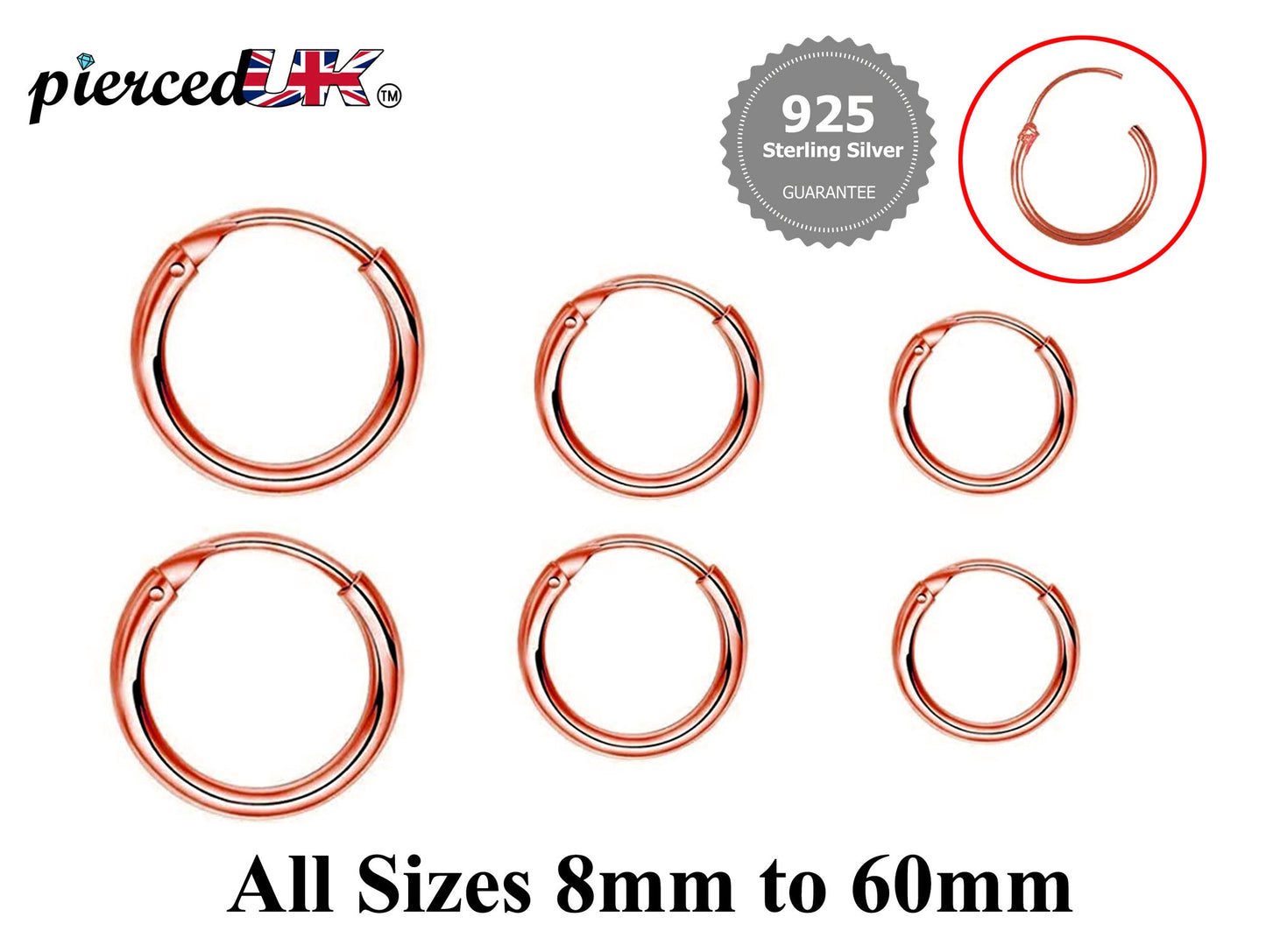 Rose Gold Hoop Earrings, Huggie Earrings – Clip-on Sleeper Earrings Size 8mm to 60mm – Earrings for Ear Lobe, Cartilage, Dainty, Helix etc.