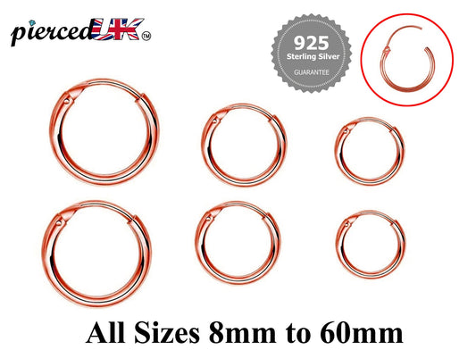 Rose Gold Hoop Earrings, Huggie Earrings – Clip-on Sleeper Earrings Size 8mm to 60mm – Earrings for Ear Lobe, Cartilage, Dainty, Helix etc.