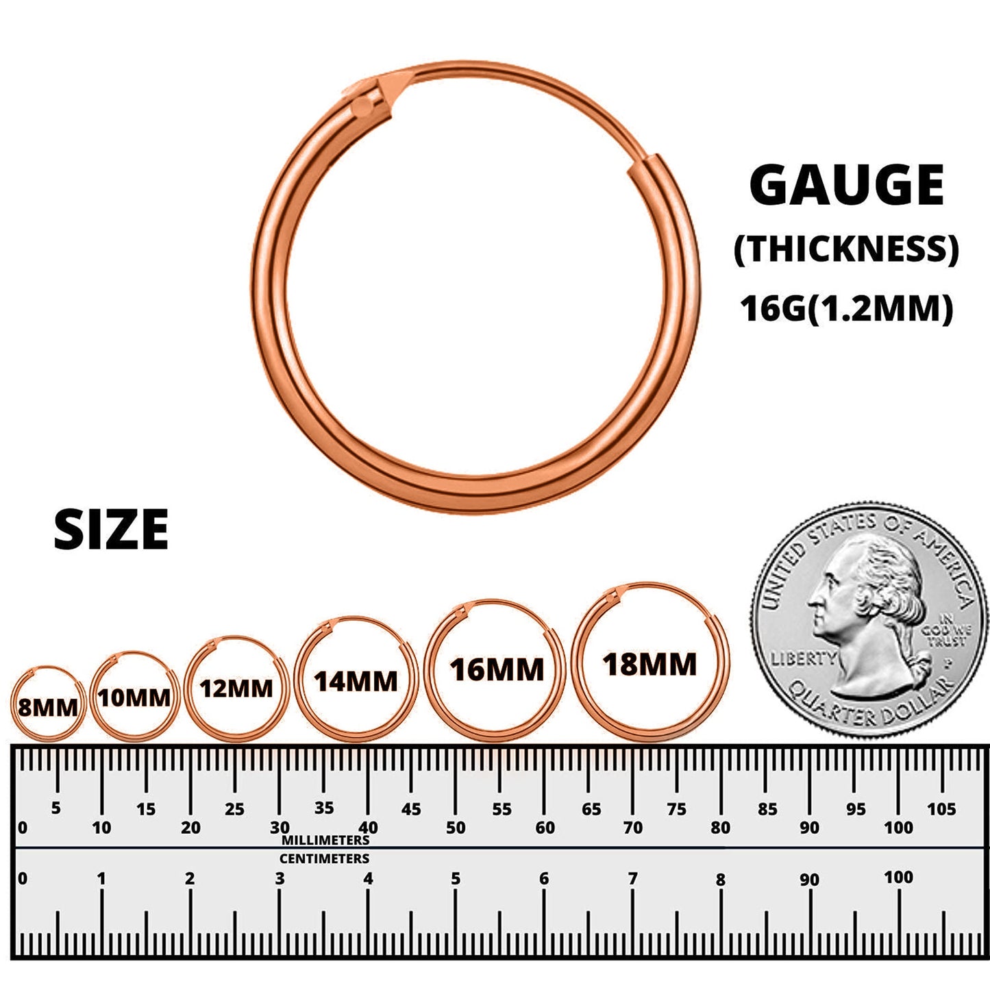 Rose Gold Hoop Earrings, Huggie Earrings – Clip-on Sleeper Earrings Size 8mm to 60mm – Earrings for Ear Lobe, Cartilage, Dainty, Helix etc.