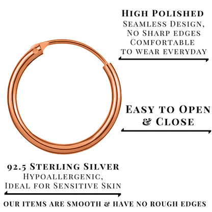 Rose Gold Hoop Earrings, Huggie Earrings – Clip-on Sleeper Earrings Size 8mm to 60mm – Earrings for Ear Lobe, Cartilage, Dainty, Helix etc.