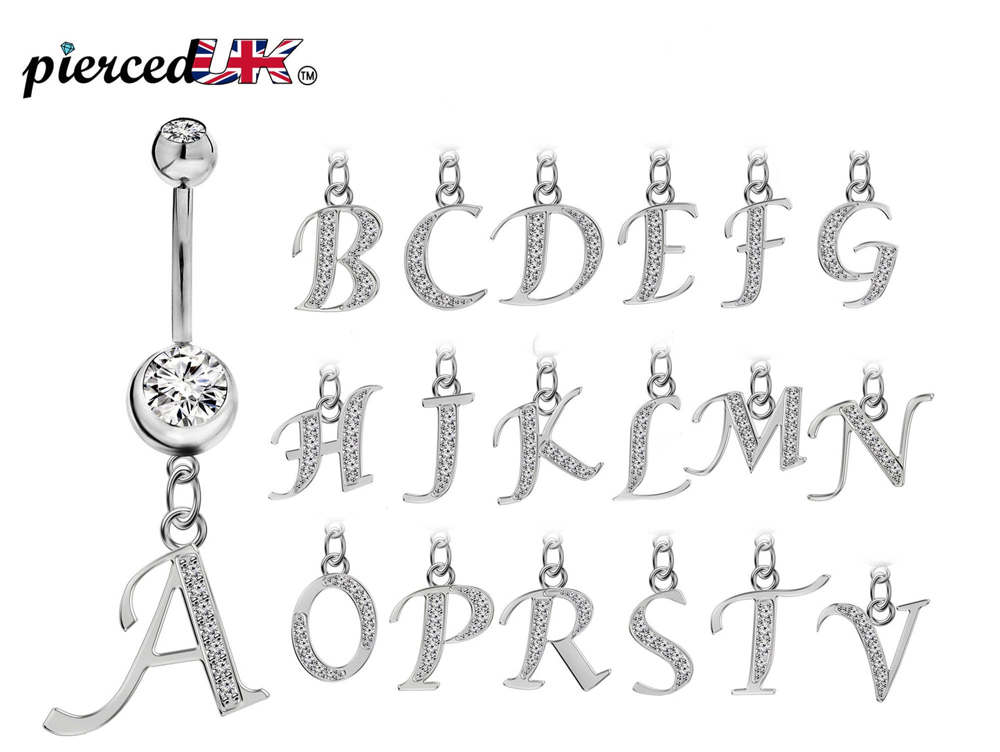 Belly Bar, Initial Navel Ring, Navel Piercing with Silver Dangle Alphabet Letter A-Z - Belly Bar length is 10mm - thickness is 14g (1.6mm)