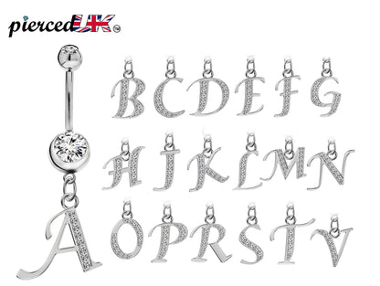 Belly Bar, Initial Navel Ring, Navel Piercing with Silver Dangle Alphabet Letter A-Z - Belly Bar length is 10mm - thickness is 14g (1.6mm)