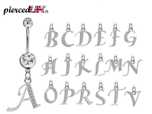 Belly Bar, Initial Navel Ring, Navel Piercing with Silver Dangle Alphabet Letter A-Z - Belly Bar length is 10mm - thickness is 14g (1.6mm)