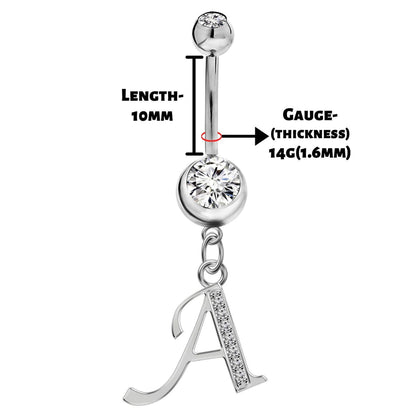 Belly Bar, Initial Navel Ring, Navel Piercing with Silver Dangle Alphabet Letter A-Z - Belly Bar length is 10mm - thickness is 14g (1.6mm)