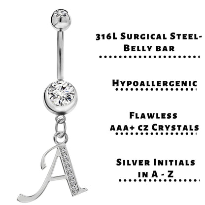 Belly Bar, Initial Navel Ring, Navel Piercing with Silver Dangle Alphabet Letter A-Z - Belly Bar length is 10mm - thickness is 14g (1.6mm)