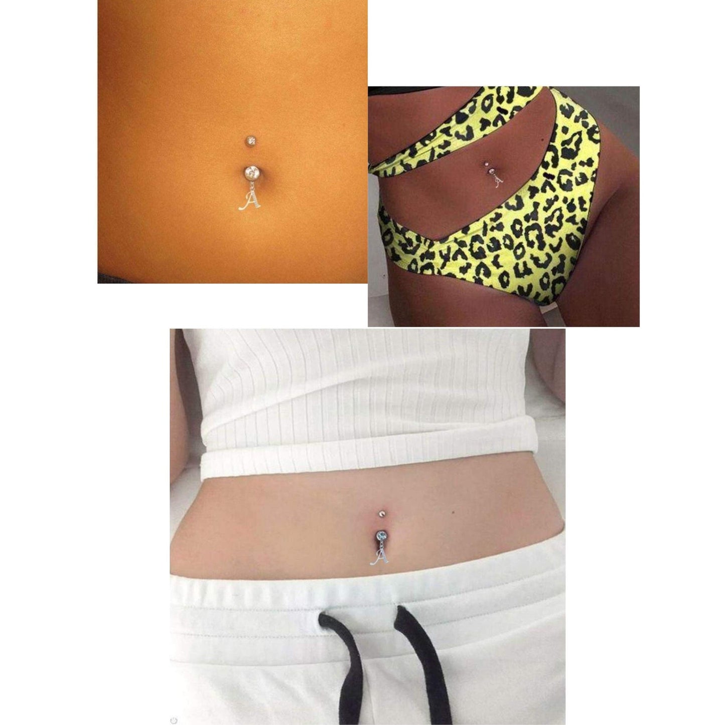Belly Bar, Initial Navel Ring, Navel Piercing with Silver Dangle Alphabet Letter A-Z - Belly Bar length is 10mm - thickness is 14g (1.6mm)