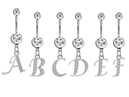 Belly Bar, Initial Navel Ring, Navel Piercing with Silver Dangle Alphabet Letter A-Z - Belly Bar length is 10mm - thickness is 14g (1.6mm)