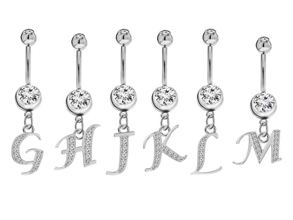 Belly Bar, Initial Navel Ring, Navel Piercing with Silver Dangle Alphabet Letter A-Z - Belly Bar length is 10mm - thickness is 14g (1.6mm)
