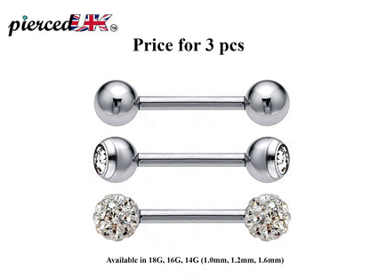 Barbell Stud, Industrial Piercing – 3pcs Barbell Piercing Jewelry – Ball / Gem ball / Disco ball – Piercing for Tongue Bar, Helix, Daith Ear