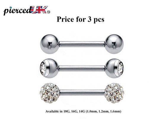 Barbell Stud, Industrial Piercing – 3pcs Barbell Piercing Jewelry – Ball / Gem ball / Disco ball – Piercing for Tongue Bar, Helix, Daith Ear