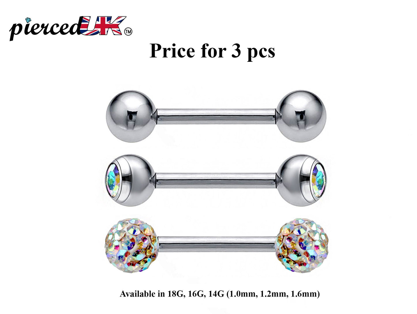 Barbell Stud, Industrial Piercing – 3pcs Barbell Piercing Jewelry – Ball / Gem ball / Disco ball – Piercing for Tongue Bar, Helix, Daith Ear