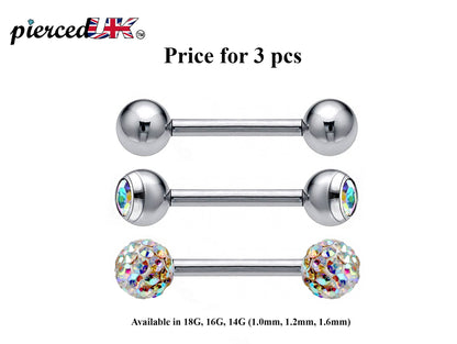 Barbell Stud, Industrial Piercing – 3pcs Barbell Piercing Jewelry – Ball / Gem ball / Disco ball – Piercing for Tongue Bar, Helix, Daith Ear