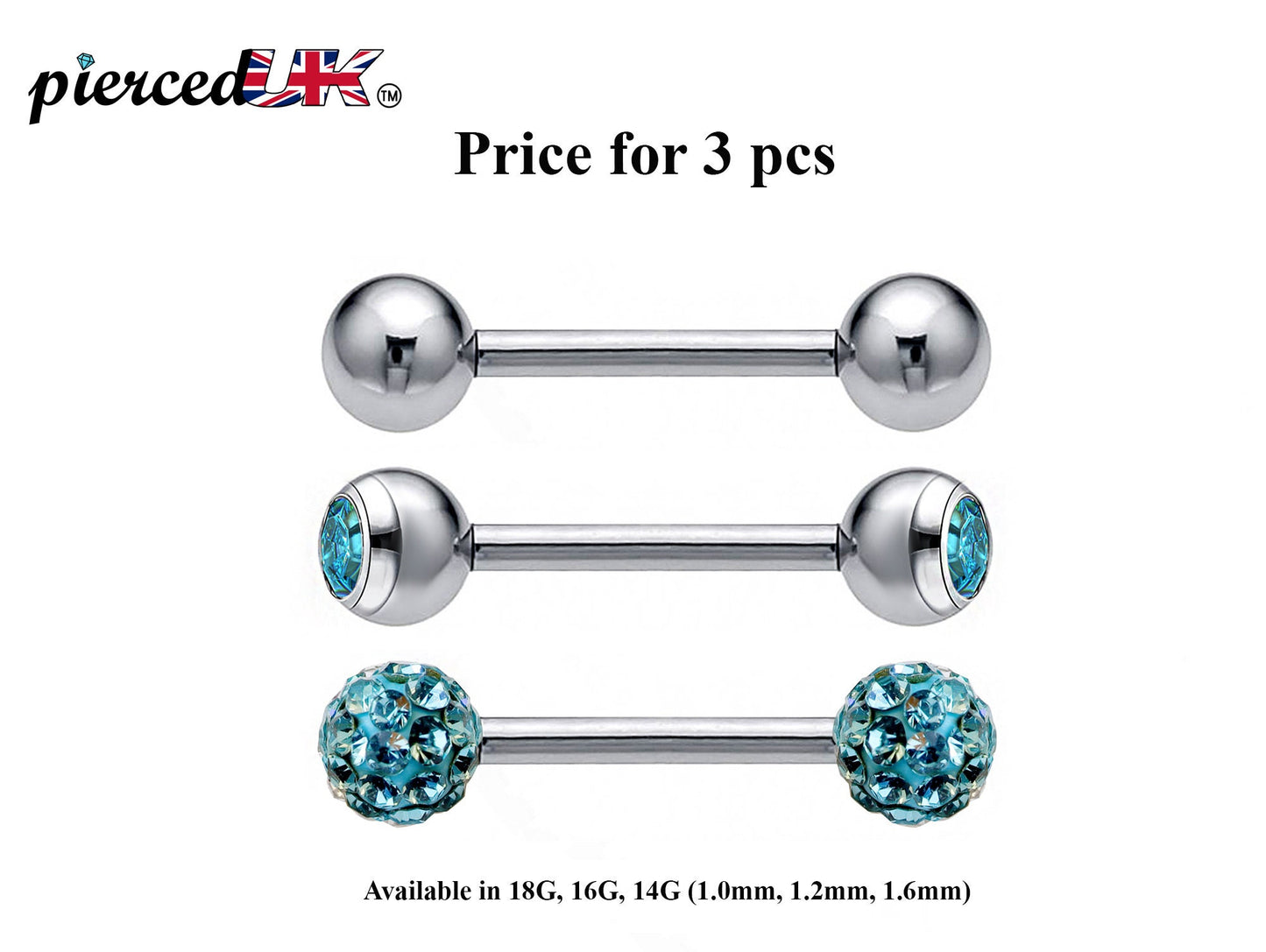 Barbell Stud, Industrial Piercing – 3pcs Barbell Piercing Jewelry – Ball / Gem ball / Disco ball – Piercing for Tongue Bar, Helix, Daith Ear