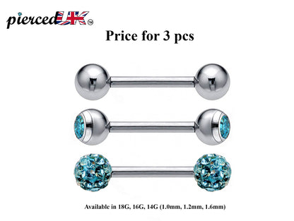 Barbell Stud, Industrial Piercing – 3pcs Barbell Piercing Jewelry – Ball / Gem ball / Disco ball – Piercing for Tongue Bar, Helix, Daith Ear