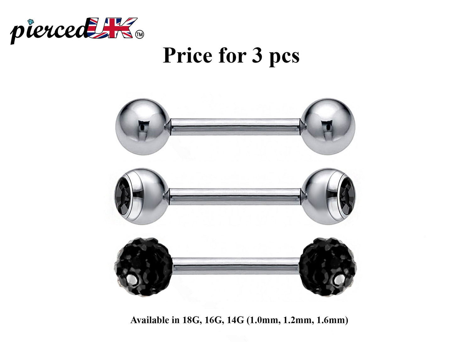 Barbell Stud, Industrial Piercing – 3pcs Barbell Piercing Jewelry – Ball / Gem ball / Disco ball – Piercing for Tongue Bar, Helix, Daith Ear