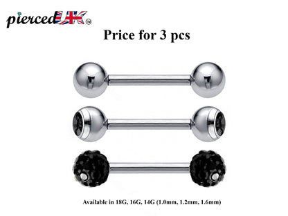 Barbell Stud, Industrial Piercing – 3pcs Barbell Piercing Jewelry – Ball / Gem ball / Disco ball – Piercing for Tongue Bar, Helix, Daith Ear