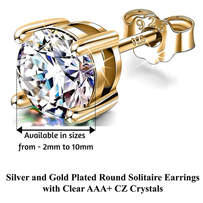 Gold Earrings for Women -18K Gold Plated Silver Solitaire Round Stud Earrings - Highest Quality Crystals Hand Set  - Size 2mm to 7mm