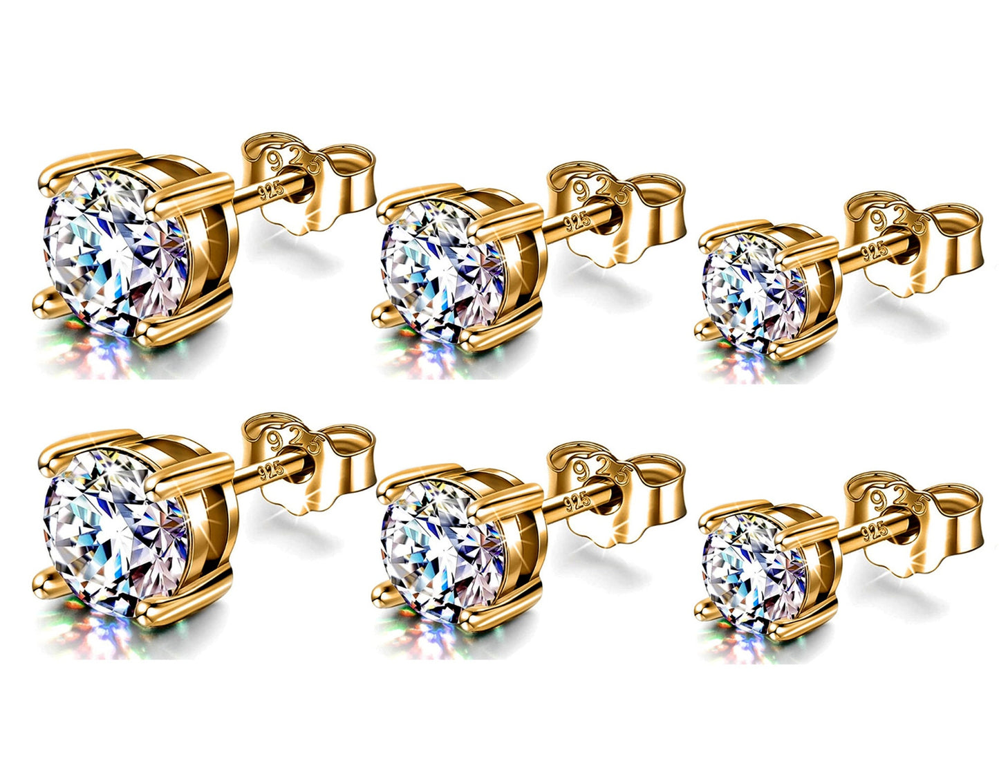 Gold Earrings for Women -18K Gold Plated Silver Solitaire Round Stud Earrings - Highest Quality Crystals Hand Set  - Size 2mm to 7mm