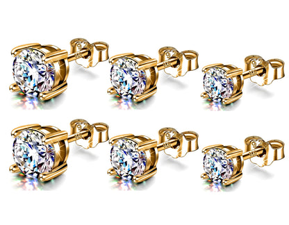 Gold Earrings for Women -18K Gold Plated Silver Solitaire Round Stud Earrings - Highest Quality Crystals Hand Set  - Size 2mm to 7mm