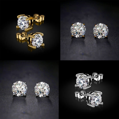 Gold Earrings for Women -18K Gold Plated Silver Solitaire Round Stud Earrings - Highest Quality Crystals Hand Set  - Size 2mm to 7mm