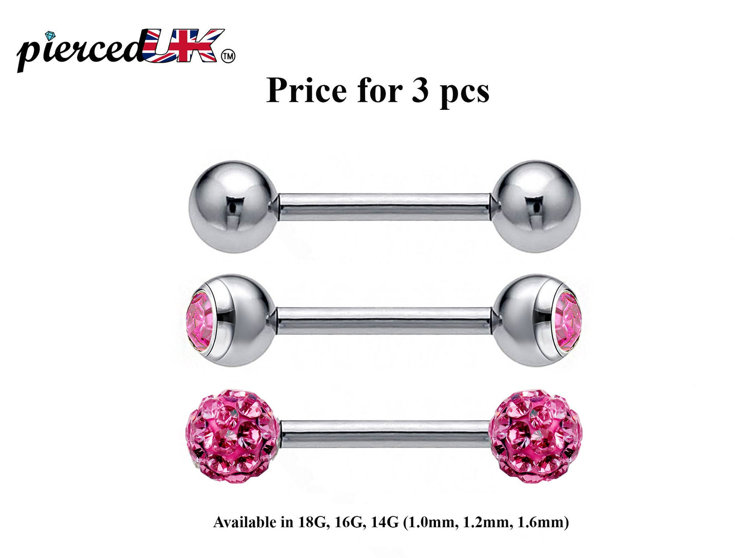 Barbell Stud, Industrial Piercing – 3pcs Barbell Piercing Jewelry – Ball / Gem ball / Disco ball – Piercing for Tongue Bar, Helix, Daith Ear