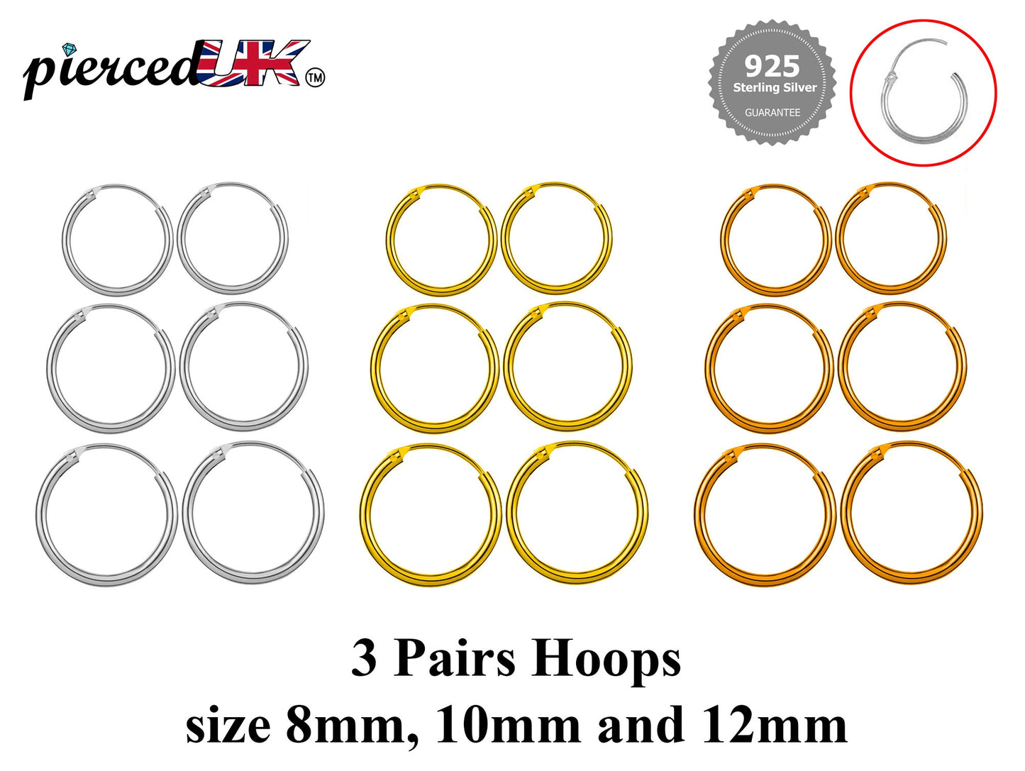Silver Hoop Earrings - Set of 3 Pairs Hoop Earrings for Women - Comes in Sizes of 8mm, 10mm and 12mm - Silver, Gold, Rose Gold