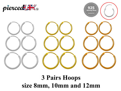 Silver Hoop Earrings - Set of 3 Pairs Hoop Earrings for Women - Comes in Sizes of 8mm, 10mm and 12mm - Silver, Gold, Rose Gold