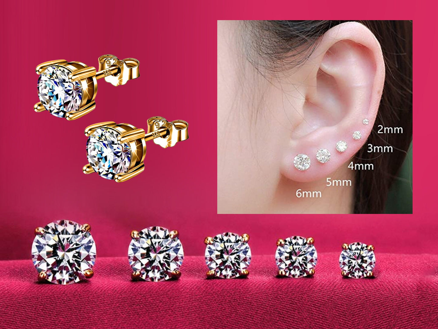 Gold Earrings for Women -18K Gold Plated Silver Solitaire Round Stud Earrings - Highest Quality Crystals Hand Set  - Size 2mm to 7mm