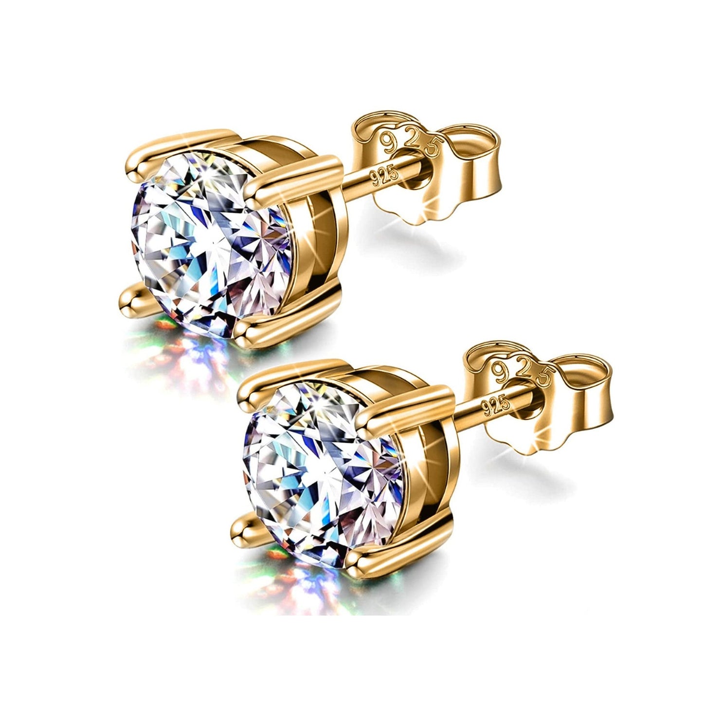 Gold Earrings for Women -18K Gold Plated Silver Solitaire Round Stud Earrings - Highest Quality Crystals Hand Set  - Size 2mm to 7mm