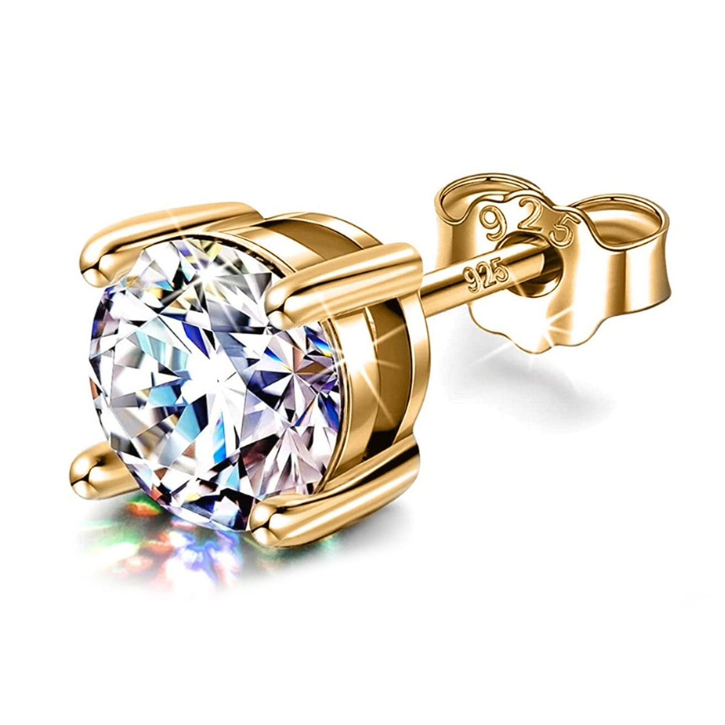 Gold Earrings for Women -18K Gold Plated Silver Solitaire Round Stud Earrings - Highest Quality Crystals Hand Set  - Size 2mm to 7mm