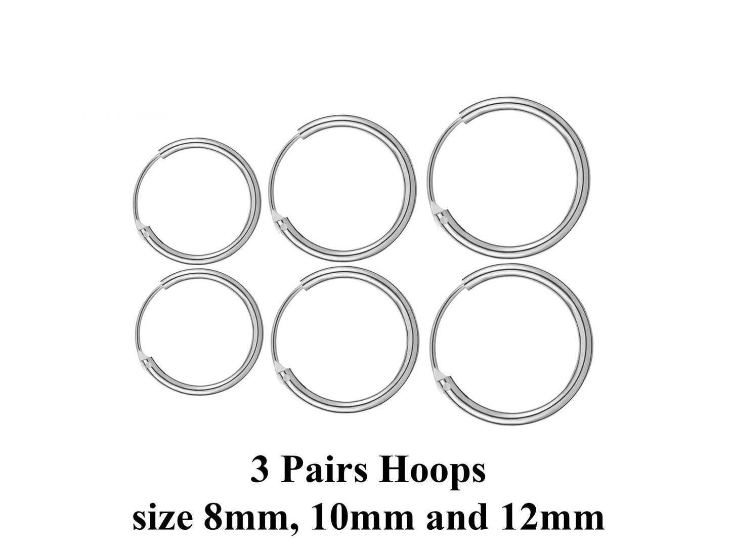 Silver Hoop Earrings - Set of 3 Pairs Hoop Earrings for Women - Comes in Sizes of 8mm, 10mm and 12mm - Silver, Gold, Rose Gold